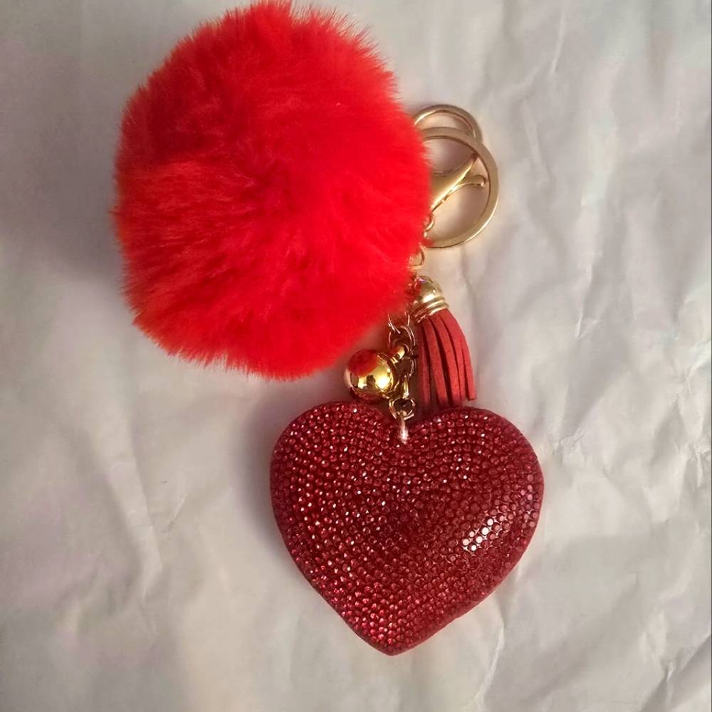 Large Red Heart & Pompom Bag charm/Keychain New